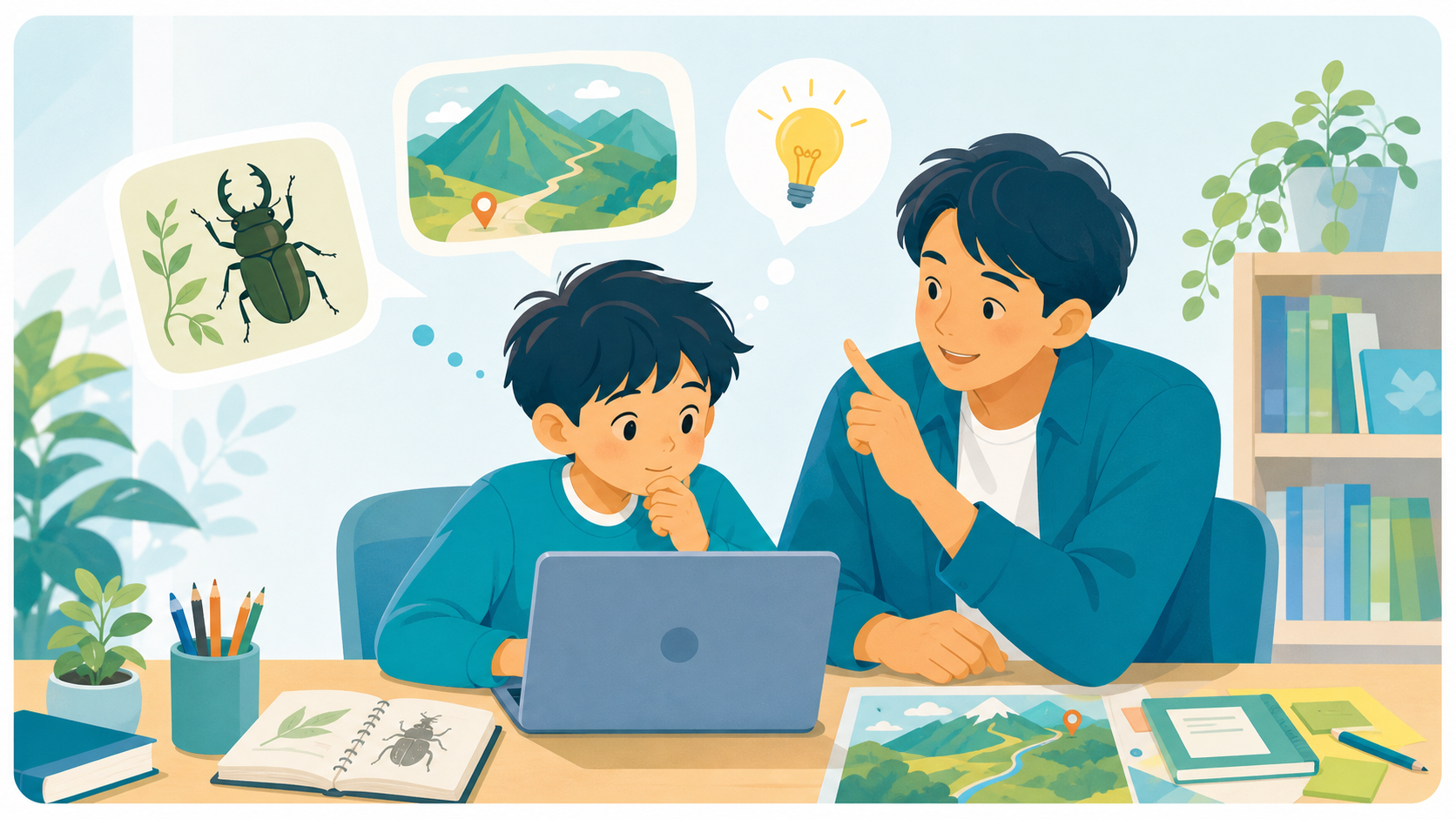伴走者の問いかけを受けながら、自分で考えて調べる子どものイラスト