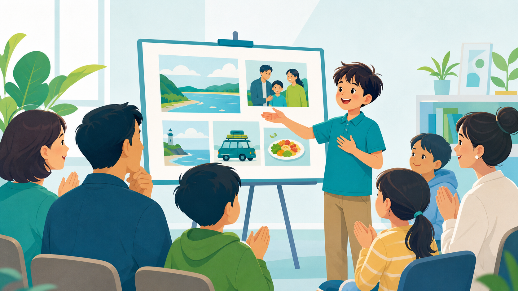 完成した家族旅行の作品を保護者や仲間の前で発表する子どものイラスト