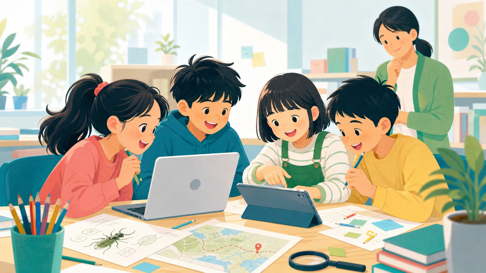 好きなテーマを囲み、AIも使いながら一緒に調べる子どもたちのイラスト