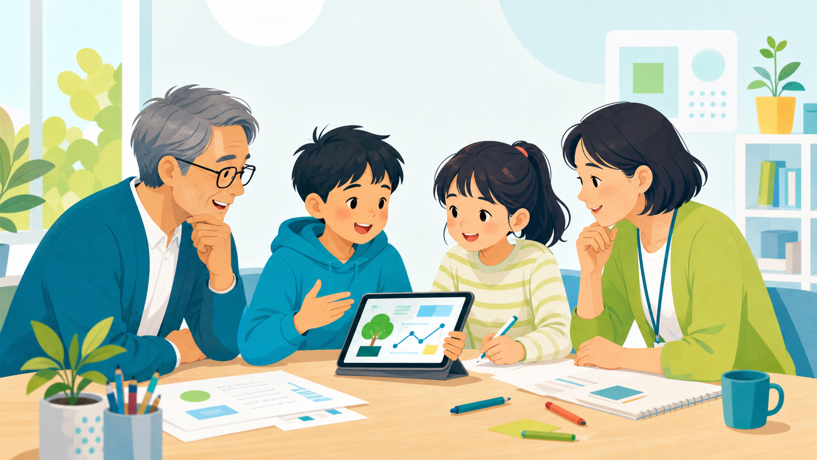 地域の大人とシニアが子どもの話を聞き、探究に伴走するイラスト